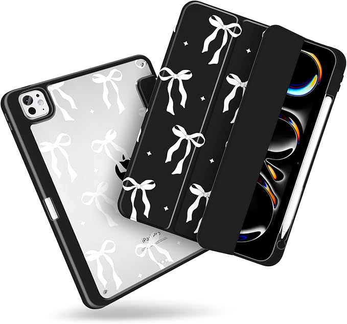 MecBevia Case for iPad Pro 11 inch M5 2025 / M4 2024 (6th/5th Gen) A3357 A3358 A3359 A2836 A2837 A3006 – Built-in Pencil Holder &amp Auto Wake/Sleep White Bow