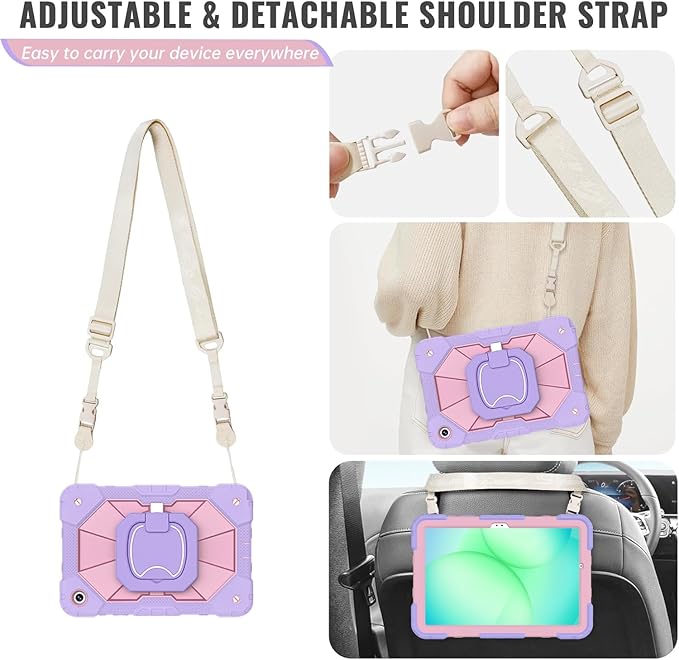 for Samsung Galaxy Tab A11+ Plus/A9+ 11 Inch Case 2025/2023 Cute Shockproof Silicone Business Protective Cover for Galaxy A9+/A11+ with 360 Rotating Stand Handle Shoulder Strap Purple Pink