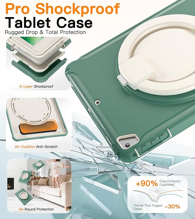BATYUE Case for iPad 6th Generation 9.7 inch 2018 iPad 5th Gen 2017 iPad Air 2/ iPad Pro 9.7''Shockproof Protective Cover with Pencil Holder &ampRotating Kickstandfor KidsBoysGirls (Emerald Gre