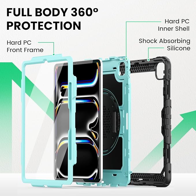 SEYMAC Case for iPad Pro 13 Inch M5 2025 / M4 2024 Heavy Duty Shockproof Protective Case with Screen Protector 360° Rotating Stand Hand/Shoulder Strap and Pen Holder Light Blue