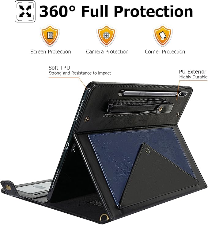 Dteck Case for Samsung Galaxy Tab S9 FE 10.9/S9/S8/S7 11Business PU Leather Folding Stand Protective Cover with S Pen Holder Shoulder Hand Strap Card Slots Handbag Wallet CaseBlue/Black