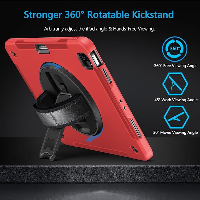Miesherk Case for iPad Pro 12.9 Inch 6th/5th/4th Generation Military Grade Heavy Duty Shockproof iPad Pro 12.9 Case - Rotating Stand Pencil Holder Hand/Shoulder Strap Red