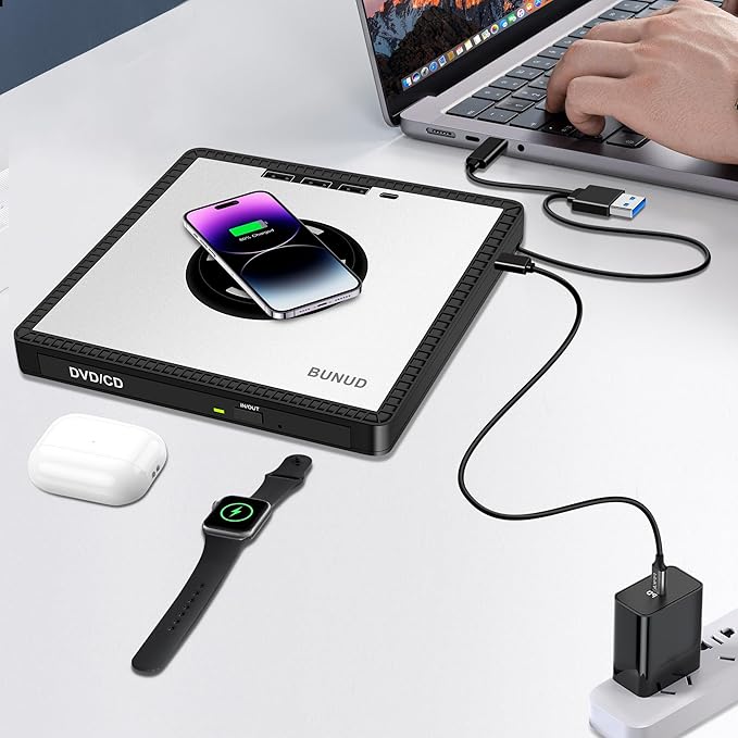 BUNUD External DVD Drive with Wireless-Charger: USB CD Burner &amp 15W Fast Charging for iPhone 17 16 15 14 13 12 Series - External DVD Player for Laptop Mac Apple Windows with SD/TF/3 USB Ports