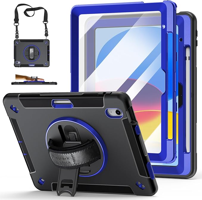 Case for iPad (A16) 11th/10th Generation Case: Protective Cover for iPad 11th Gen 11 Inch 2025 &amp10th Gen 10.9 2022 with Screen Protector- Stand- Shoulder Strap- Handle- Pencil Holder-Blue+Black