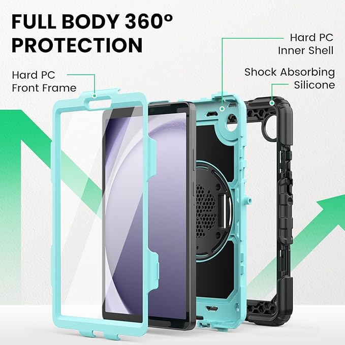 SEYMAC for Samsung Galaxy Tab A9 Case 8.7″ 2023 (SM-X110/X115/X117) Heavy Duty Shockproof Protective Case with Screen Protector Rotating Stand Hand/Shoulder Strap and Pen Holder Light Blue