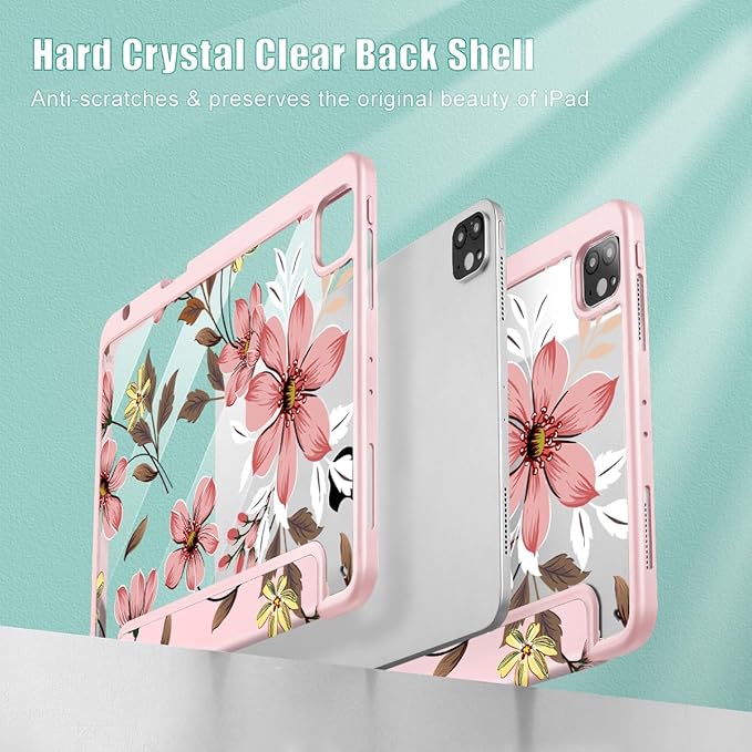 Mektron Case for iPad Pro 11 inch (4th 3rd 2nd &amp 1st Gen) 2022 2021 2020 2018 Buit in Pencil Holder with Shockproof Cover Clear Shell + Trifold Stand + Auto Wake/Sleep Floral C293