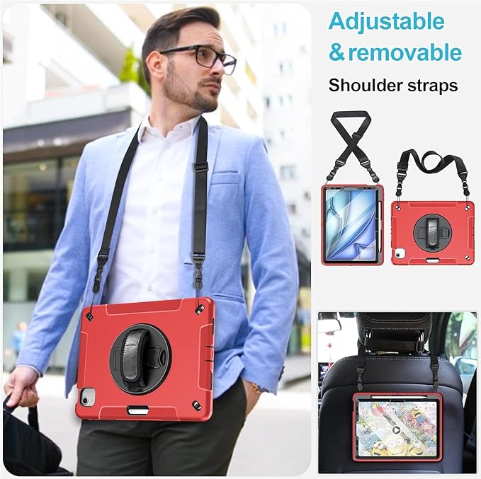Case for iPad Air 13 Inch M4/M3/M2 (2026/2025/2024): TPU Shockproof Case with Screen Protector - Stand - Handle - Shoulder Strap - Pen Holder-Red