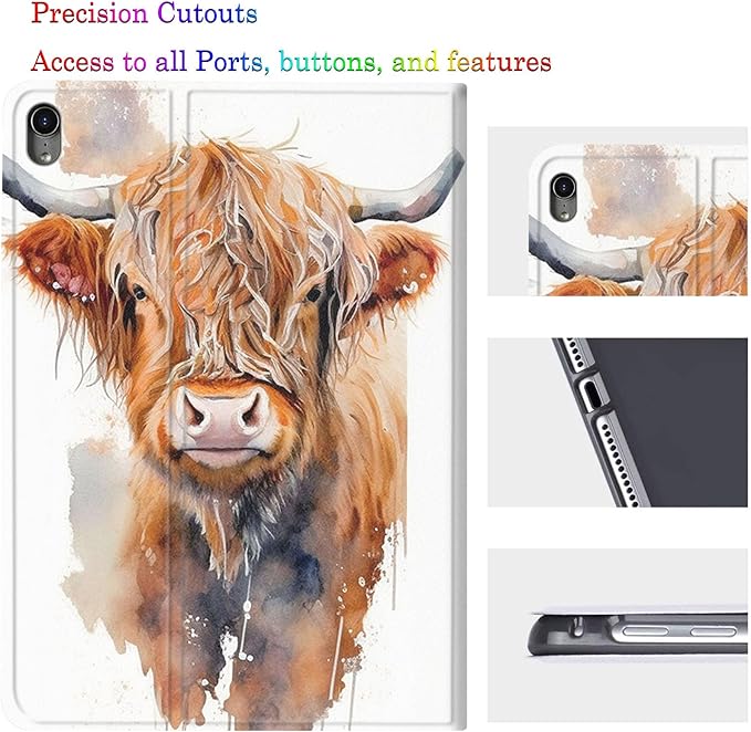 Case for iPad 10.9-Inch (iPad 10th Generation 2022)Adjustable Stand Auto Wake/Sleep Function Full Body Protection Cover - Watercolour Highland Cow