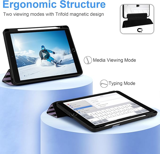 DONGKE for iPad 9th/8th/7th Generation Case 10.2 Inch (2021/2020/2019) [Auto Sleep/Wake &amp Pencil Holder] Clear Acrylic Back Trifold Stand Cover Purple Stripes