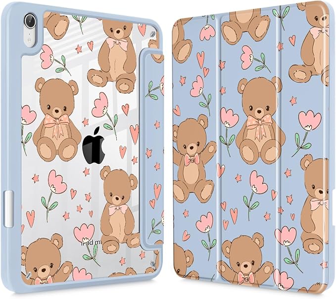 May Chen Slim Case for iPad mini 7 (A17 Pro 7th Generation) 2024 / iPad mini 6 (6th Gen) 8.3 Inch [Built-in Pencil Holder] Shockproof Cover Clear Clear Back Shell Auto Wake/Sleep Cute Teddy Bear