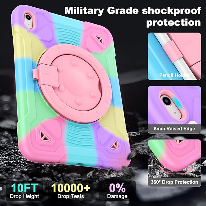 DreamerX for iPad (A16) 11th/10th Generation 11''/10.9'' 2025/2022 Case Full-Body Drop Protection Kids Cover with Screen Protector 360° Rotate Stand Handle Shoulder Strap Pencil Holder Colorful Pink
