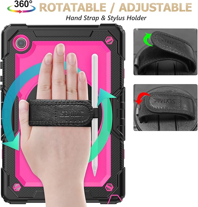 SEYMAC stock Case for Samsung Galaxy Tab A9 8.7'' Full-Body Drop Protection Case with Screen Protector Pencil Holder [360° Rotating Hand Strap] &ampStand Pink+Black
