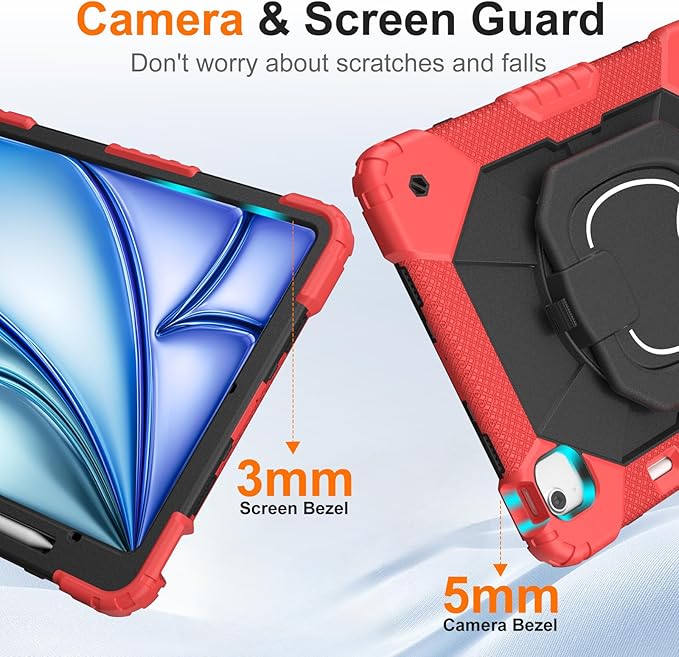Case for iPad Air 13 Inch Case M4 2026/M3 2025/ M2 2024 Auorld for iPad Air 13 Inch Case M4 2026 Case with Screen Protector 360 Degree Rotating Stand Shoulder Strap Pencil Holder Red Black