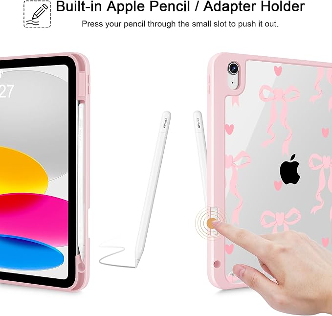 Case for iPad 11 inch A16 2025 Generation 11th / iPad 10.9 inch 2022 10th Gen Buit in Pencil Holder with Shockproof Cover Clear Transparent Back Shell Auto Wake/Sleep Trendy Bow