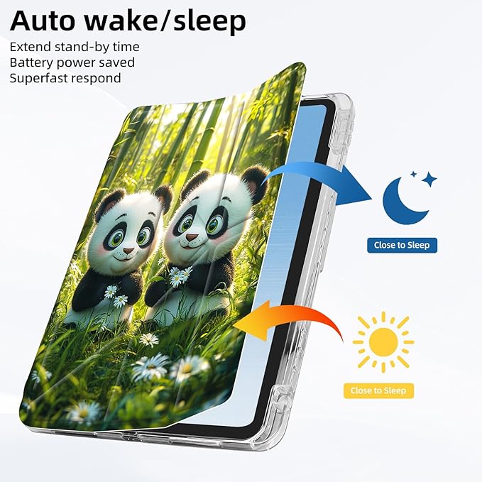 for iPad A16 (11th Generation) Case with Pencil Holder Foldable Y-Shaped Protective Cover Stylish Clear Multi-Angle Viewing &amp Auto Sleep/Wake Panda Cubs Bamboo Forest Tablet Case