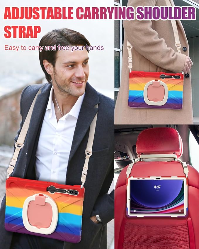 BRAECN Case for Samsung Galaxy Tab S10+/S9 FE+/S9+ 12.4” SM-X820/X610 Heavy Duty Silicone Cover w/Screen Protector/S Pen Holder/Kickstand/Shoulder Strap for Galaxy Tab S8+/S7 FE/S7+ Colorful Red