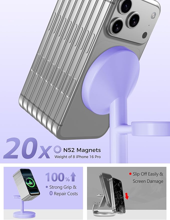 2026 3 in 1 Wireless Charging Station Compatible with MagSafe 15W Fast Magnetic Mag-Safe Charger Stand for Apple iPhone 17 16 15 14 13 12 Series iWatch AirPods Pro 4 3 2 Purple