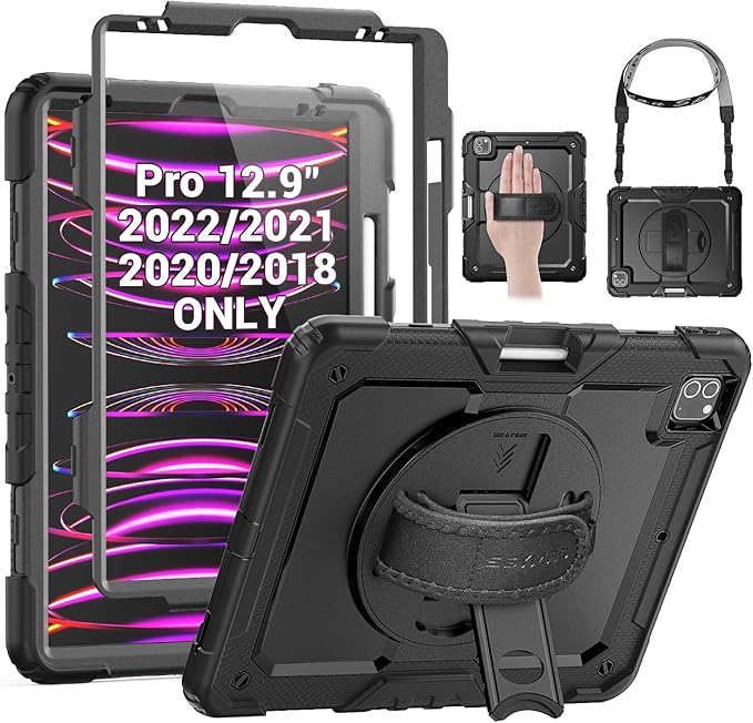 SEYMAC Case for iPad Pro 12.9 2022/2021/ 2020/2018 Heavy Duty Protection Shockproof Case with Screen Protector 360° Rotating Stand/Handle/Shoulder Strap Supports Pencil 2 Charging Black