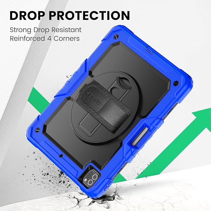 SEYMAC Case for iPad Pro 12.9 2022/2021/ 2020/2018 Heavy Duty Protection Shockproof Case with Screen Protector 360° Rotating Stand/Handle/Shoulder Strap Supports Pencil 2 Charging Blue