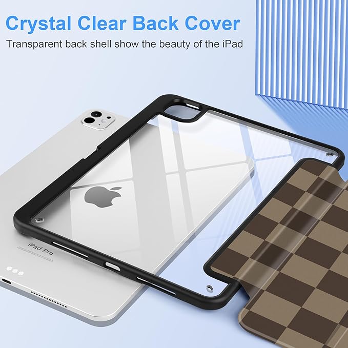 TWOLSKOO Case for iPad Pro 11-inch (M5 2025 / M4 2024) Clear Acrylic Back with TPU Bumper Pencil Holder Trifold Stand Auto Sleep/Wake Brown Checkerboard