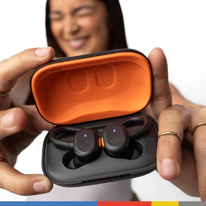 Skullcandy Push Active Wireless Earbuds Bluetooth Headphones Noise Isolating 44 Hrs Battery Secure-Fit Over-Ear Hanger Sweat and Water Resistant Microphone for iPhone Android - True Black/Orange