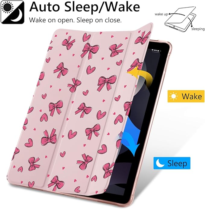 JOYLAND Cute Art Bowknot Pattern Case for iPad 9th/8th/7th Generation 10.2 Inch (2021/2020/2019 Release) Pencil Holder &amp Clear Transparent Soft TPU Back &amp Trifold Smart Pad Pink Cover