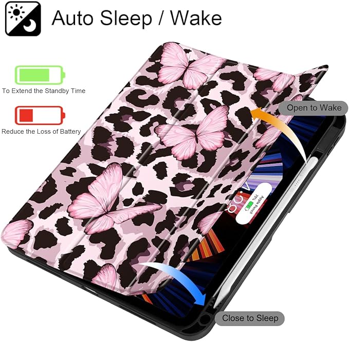 Mektron Case for 2026 iPad Air 13 inch M4 Cover Compatible 2025 iPad Air 13 inch M3 2024 iPad Air 13 inch M2 with Pencil Holder Shockproof Clear Shell Leopard Pink Butterfly