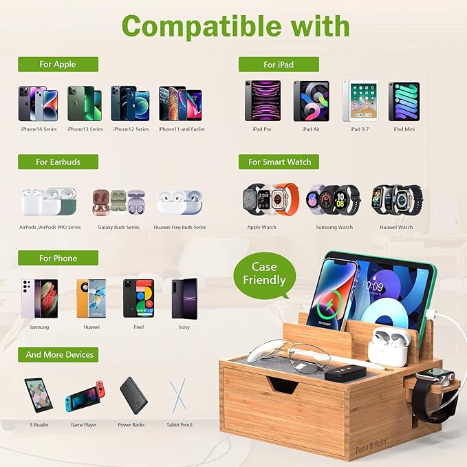 Pezin &amp Hulin Bamboo Charging Station for Multi Device with Power Charger &amp Cables Nightstand Docking Station with Lined Tray &amp Drawer Compatible with Tablet Cell Phones