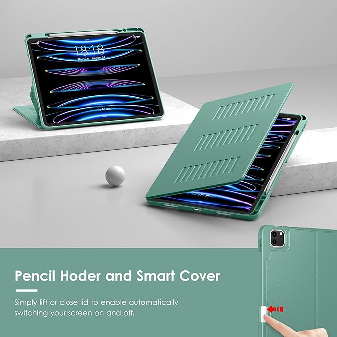 VIKESI Case for iPad Pro 12.9 6th / 5th / 4th / 3rd Generation Case 2022/2021/2020/2018Multiple Angles Magnetic Stand CoverShockproof Soft BackPencil Holderand Auto Sleep/WakeForest Green