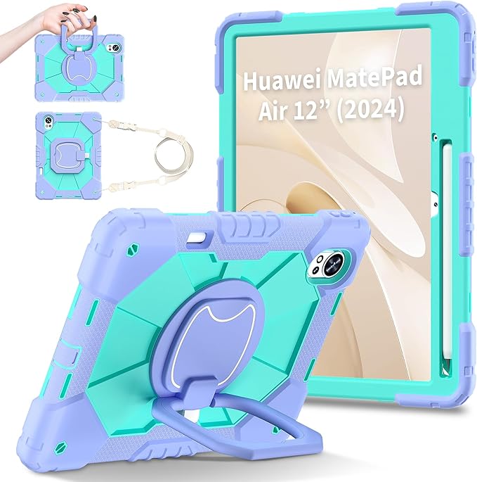 Shoulder Strap Tablet Case for Huawei MatePad Air (2024) 12.0 inch Heavy Duty Shockproof Protective Cover with Kickstand Handle Shoulder Strap for Women Man Lotus Purple Mint Green
