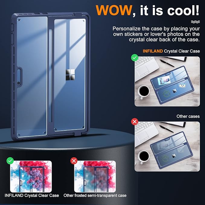 INFILAND Case Crystal Clear Multi-Angle Shockproof for Microsoft Surface Pro 9/10 Compatible with Surface Pro Signature Keyboard &amp Slim Pen 2 Blue