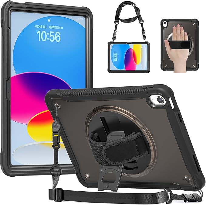 Case for iPad (A16) 11th/10th Generation 2025/2022 11/10.9 inch Rugged Shockproof Protective Cover with Screen Protector 360° Rotating Hand Strap&ampStand Pencil Holder Black