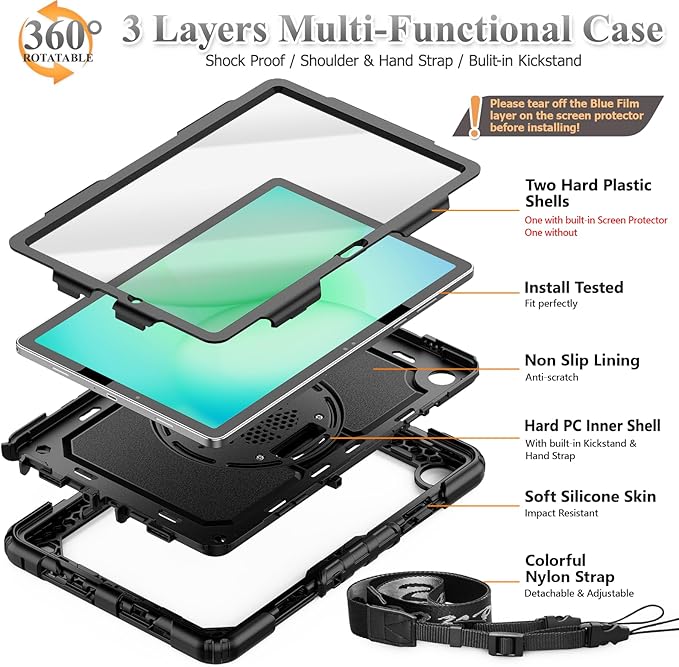 SEYMAC stock Case for Samsung Galaxy Tab A11+ Plus 11'' Full-Body Drop Protection Case with Screen Protector Pencil Holder [360° Rotating Hand Strap] &ampStand Black