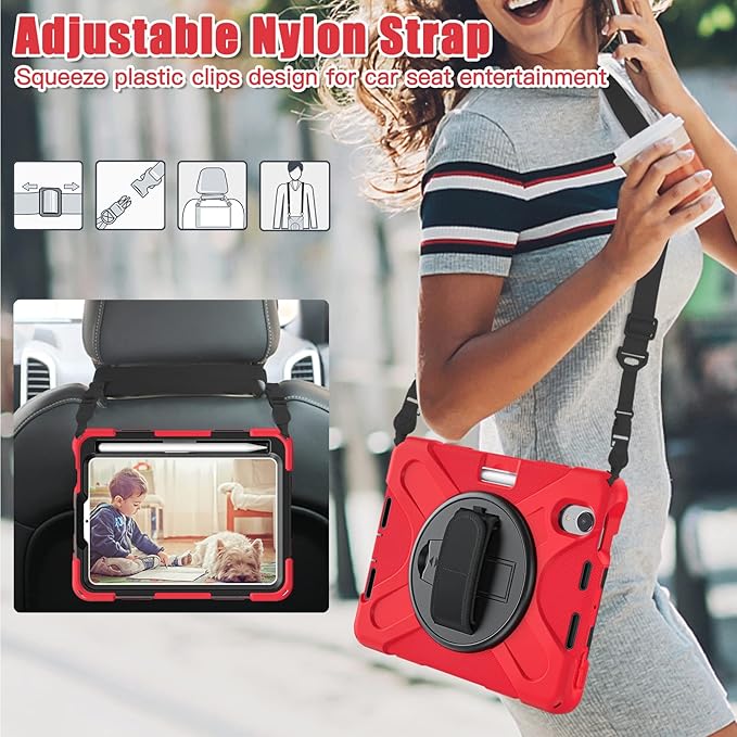ZenRich Shockproof Case for iPad mini 7 (A17 Pro) 2024/ iPad mini 6th 2022 Heavy Duty Rugged Case with Pencil Holder/360°Rotating Kickstand/Handle/Carrying Shoulder BeltRed