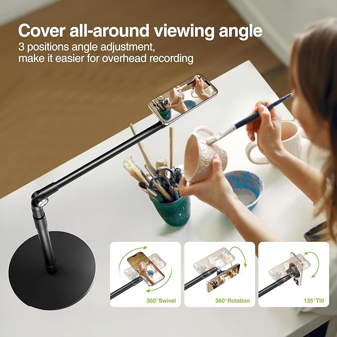 elitehood Magnetic Phone Stand for Overhead Recording 15 in Long Arm Magsafe iPhone Holder for Video Recording 360 Swivel Tilt Overhead Phone Mount for Filming Meeting Cooking Painting Crafting