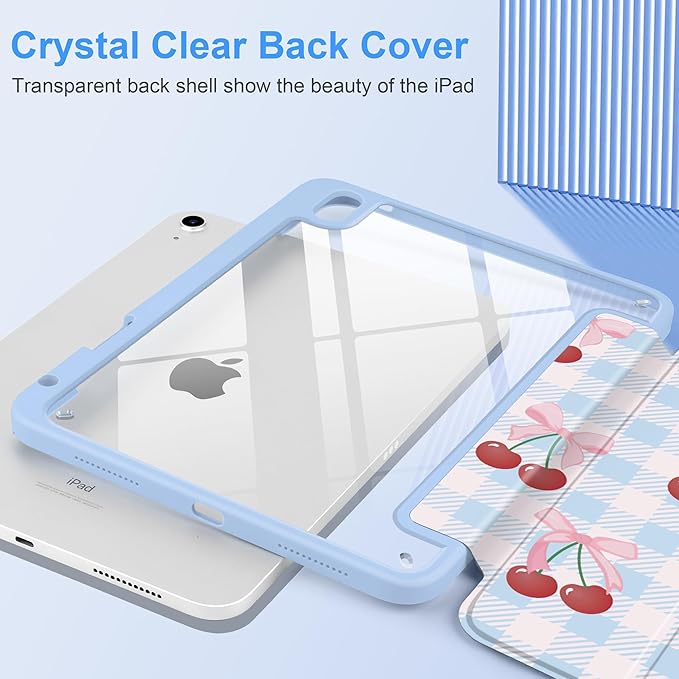 DONGKE Case for iPad (A16) 11th Generation 11 inch 2025 &amp iPad 10th Gen 10.9 inch 2022 [Built-in Pencil Holder] Clear Acrylic Back Trifold Stand Smart Cover Auto Sleep/Wake Blue Cherry