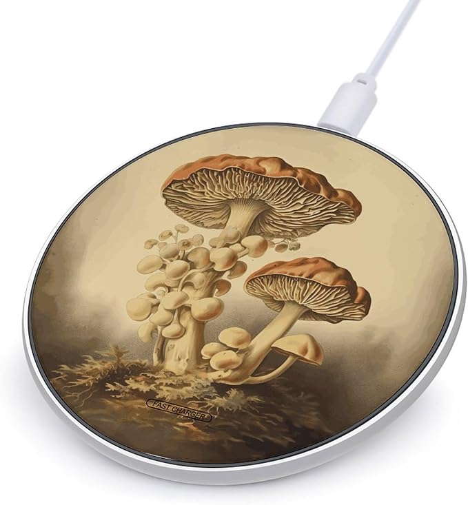 Vintage Mushrooms Wireless Charger Fast Wireless Charging Pad with USB Cable 10W Anti-Slip Magnetic Wireless Charger Portable Slim Charger Puck Travel Charging Station