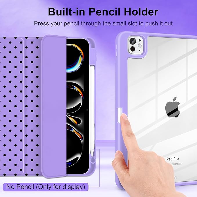 Case for iPad Pro 11 Inch (M5 2025 M4 2024) – [Built-in Pencil Holder] Shockproof &amp Stylish Clear Hard Back + Soft TPU Edge Magnetic Trifold Stand Auto Wake/Sleep Purple Polka dot