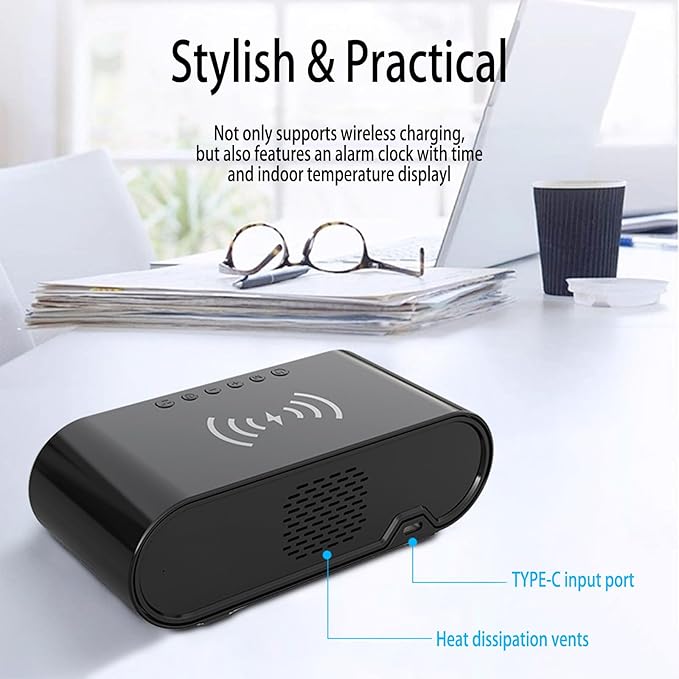 15W Fast Wireless Charging Pad Compatible with Qi-Enabled Phones 5W/7.5W/10W Standard Charging Modes Temperature Display &amp Alarm Clock for Bedside Desk W628 Black.