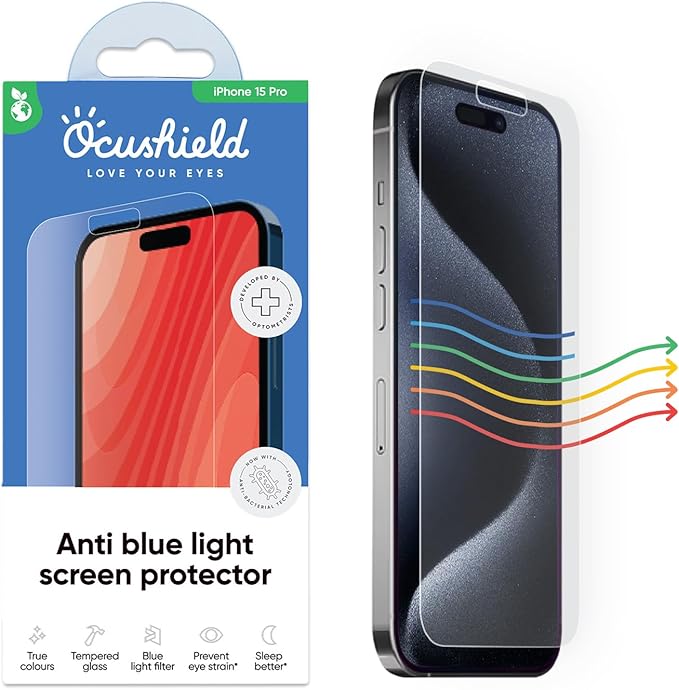 Ocushield Anti Blue Light Tempered Glass Screen Protector for iPhone 15 Pro (6.1) - Protect Your Eyes Reduce Migraines &amp Improve Sleep