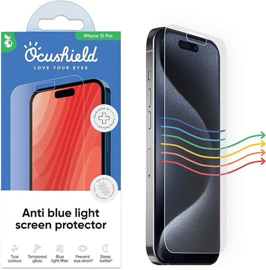 Ocushield Anti Blue Light Tempered Glass Screen Protector for iPhone 15 Pro (6.1) - Protect Your Eyes Reduce Migraines &amp Improve Sleep