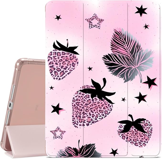 JOYLAND Y2k Leopard Print Strawberry Case for iPad mini 7th(A17 Pro) 2024 / Mini 6th Generation 8.3 2021Pencil Holder &amp Clear Transparent Back &amp Trifold Smart Tablet Cover for Girls Women