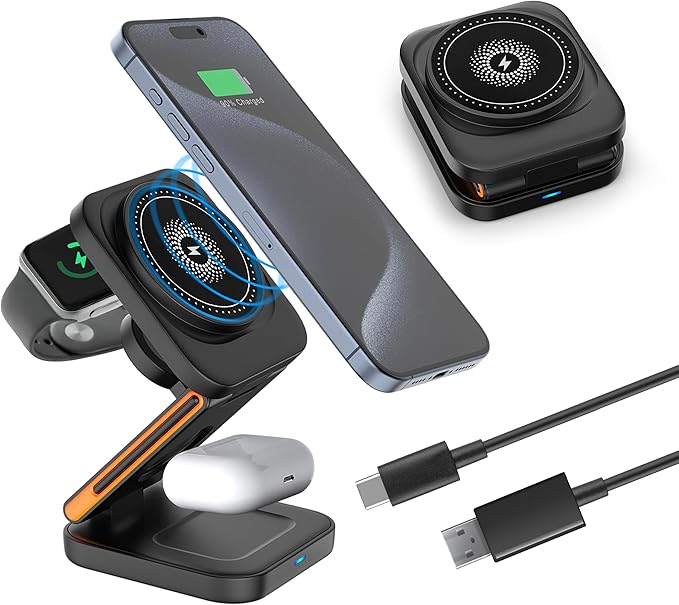 3 in 1 Charging Station for Apple Devices Magnetic Wireless Charger for iPhone 17/16/15/14/13/Air Pro/Max/Plus AirPods and Apple Watch Charging Foldable Travel Charger for Multiple Devices
