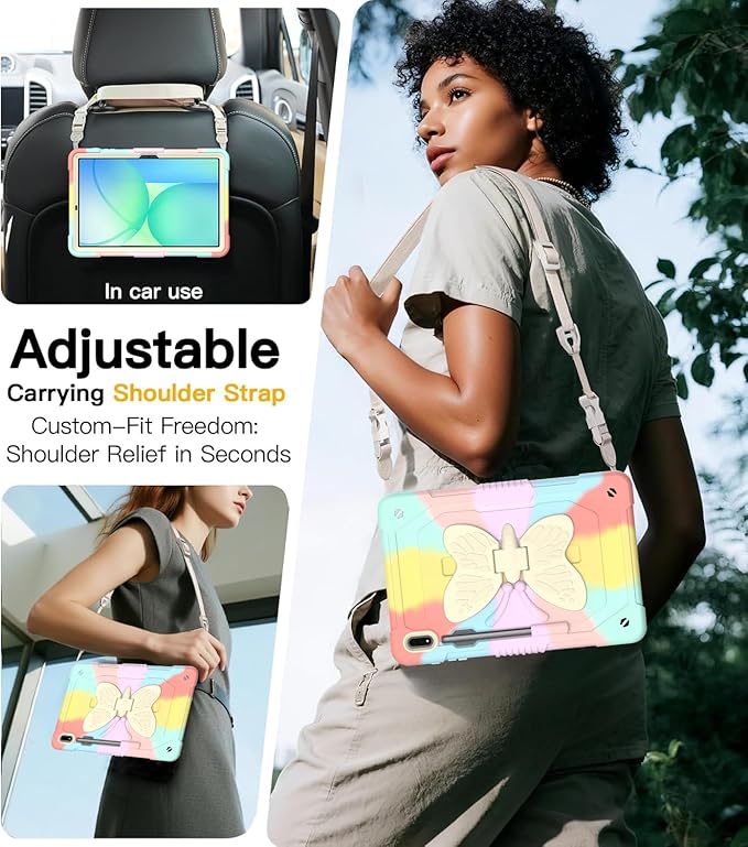 for Samsung Galaxy Tab S10 Lite / S10 FE / S9 FE 5G / S9 Tablet Case 10.9''/ 11'' Rugged Heavy Duty Full Body Kids Girls Girly Cute Kawaii Protective Cover with Stand Shoulder Strap Pink