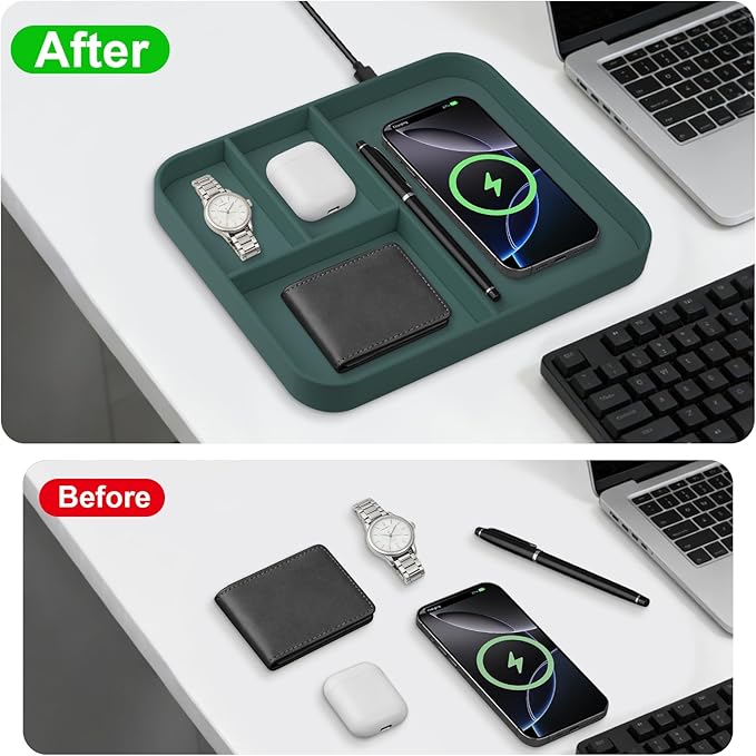 Faux Leather Valet Traywith 2 in 1 Wireless Charging Compatible with iPhone/17/16/15/15 Plus/15 Pro/15 Pro Max/14/13/12/Wireless earphonesOffice/Home Desk Organizers Tray-Mint