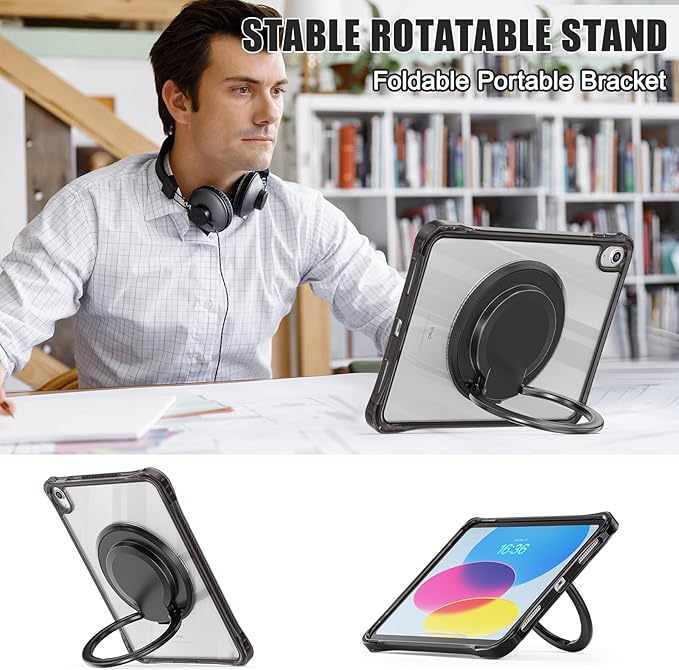 Mektron Shockproof Case for iPad Air 11 inch (M4 2026 8th /M3 2025 7th /M2 2024 6th) Compatible with iPad Air 10.9 (2022 5th Gen /2020 4th Gen) PC Clear Cases with Rotating Stand for Kids Black