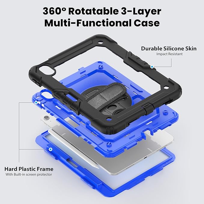 for iPad Air 11-Inch Case M3/M2 (2025/2024) Shockproof Case for iPad Air 7th/6th Generation 11 Inch with Screen Protector/Pencil Holder/Kickstand [Hand &amp Shoulder Strap]Black+Blue