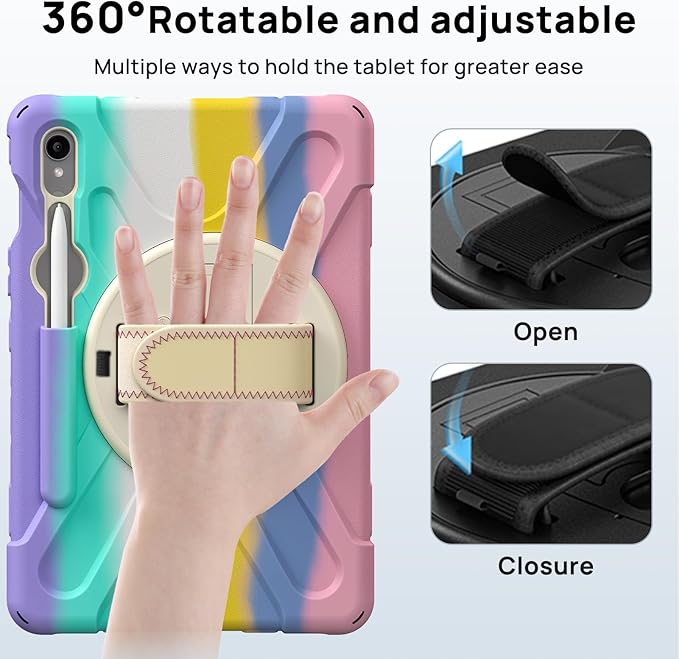 Gerutek Case for Samsung Galaxy Tab S10 Lite/S10 FE/S9 FE/Tab S9/S8 /S7 5G 10.9/11 Full-Body Drop Protective Case with Screen Protector Pencil Holder 360° Rotating Handle Stand Colorful Pink