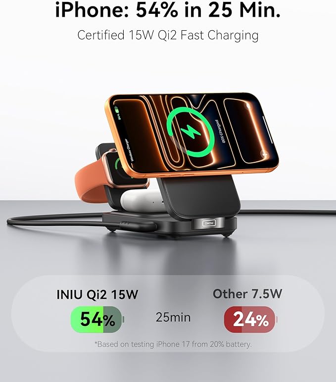 INIU 3 in 1 Wireless Charging Station Qi2 Certified 15W Travel Charger for Apple Multiple Devices Foldable Magnetic Wireless Charger Stand for iPhone 17 16 15 14 13 12 Series Apple Watch AirPods