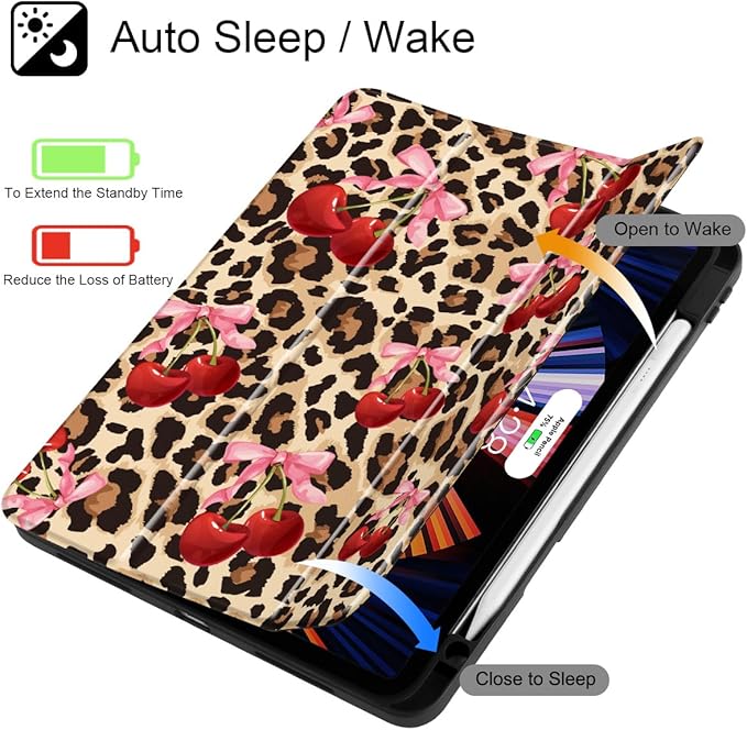 May Chen Case for iPad Pro 11-Inch M5/M4 2025/2024 (6th/5th Generation) [Penceil Holder] Trifold Stand Auto Wake/Sleep Clear TPU Protection Back Cover Cherry &amp Cheetah